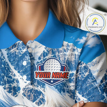 Load image into Gallery viewer, Blue shirt with mountain design and customizable text overlay