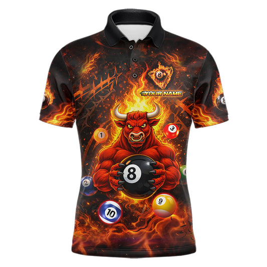 Fire Flame Funny Bull Plays Pool Ball Billiard Shirt For Men Custom 8 Ball Billiard Team Attire NYN2565