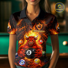 Load image into Gallery viewer, Fire Flame Funny Bull Plays Pool Ball Billiard Shirt For Women Custom 8 Ball Billiard Team Attire NYN2565