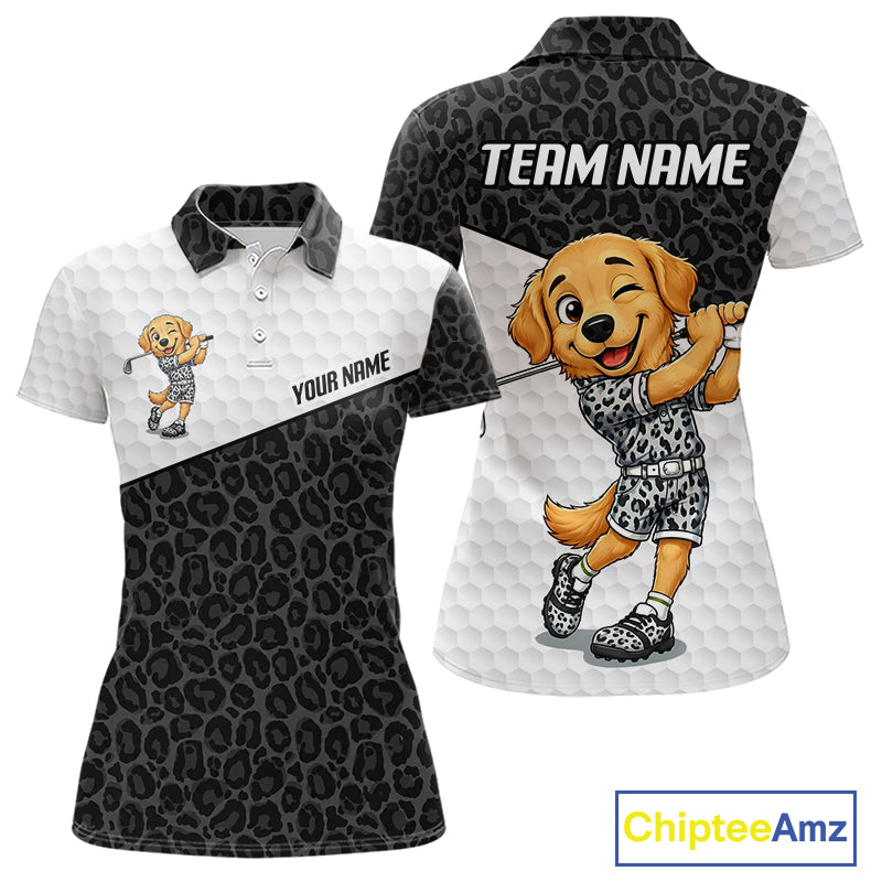 Golden retriever golf shirt with black leopard pattern funny golf polo for women