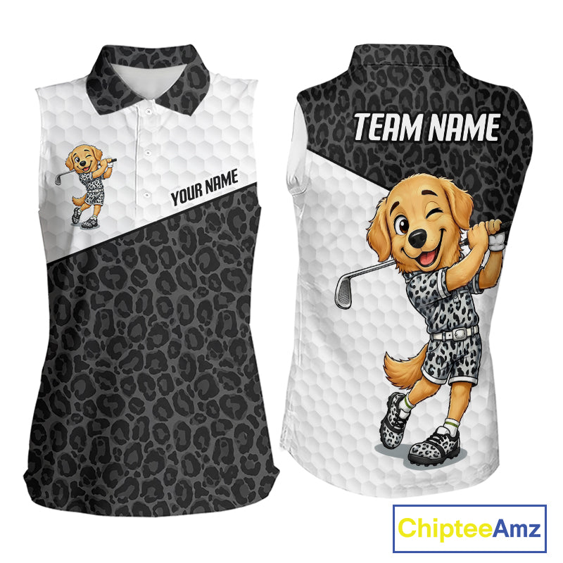 Golden retriever golf shirt with black leopard pattern funny golf polo for women