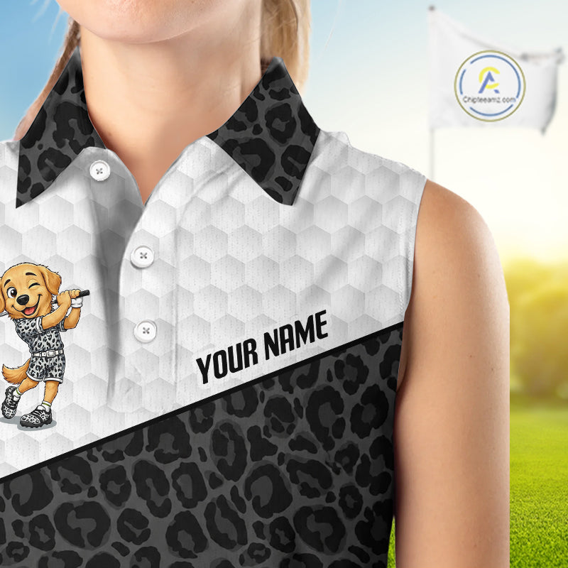 Golden retriever golf shirt with black leopard pattern funny golf polo for women