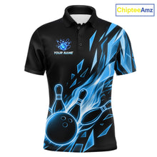 Load image into Gallery viewer, Fire Flame Bowling Ball And Pins Bowling Polo Shirt For Men Custom Blue Broken Glass Bowling Team Jersey