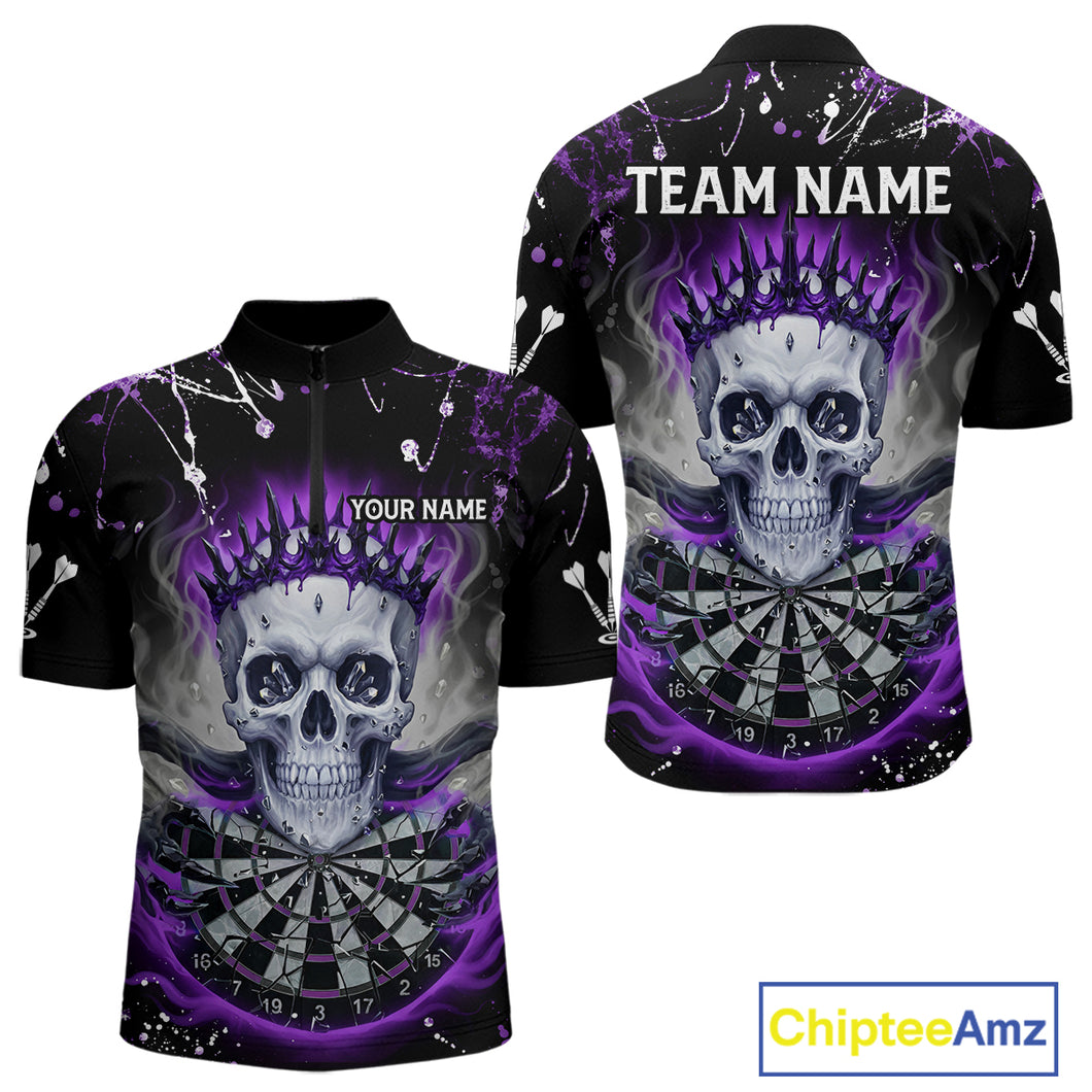 Grey Purple Smoke Crown Skull Dartboard Custom Mens Quarter-Zip Dart Shirt Splatter Dart Jerseys NYN1772