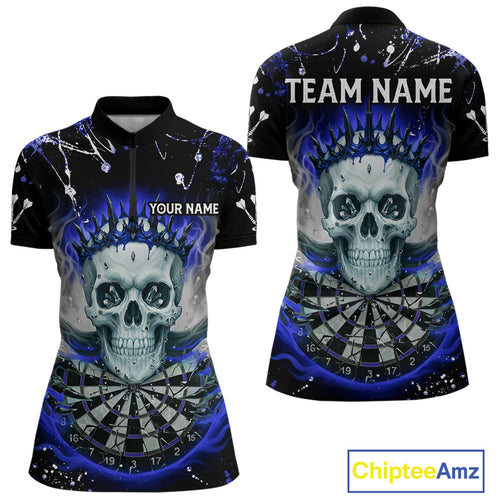 Grey Blue Smoke Crown Skull Dartboard Custom Women Quarter-Zip Dart Shirt Splatter Dart Jerseys NYN1774
