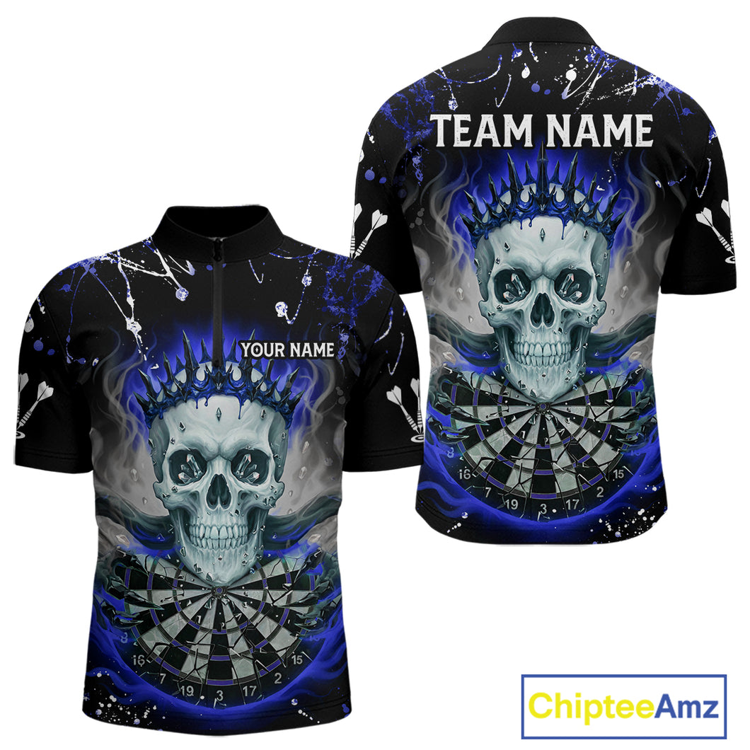 Grey Blue Smoke Crown Skull Dartboard Custom Mens Quarter-Zip Dart Shirt Splatter Dart Jerseys NYN1774