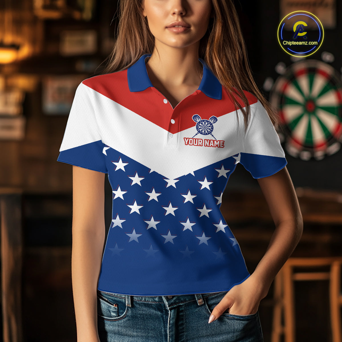 Blue And Red Dartboard Patriotic Dart Polo Shirts For Women Custom Dart Team Jerseys NYN2729