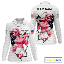 Load image into Gallery viewer, Personalized Funny Flamingo Ladies Golf White Womens Patriot Golf Polo Shirts Custom US Flag Golf Gifts NYN3149