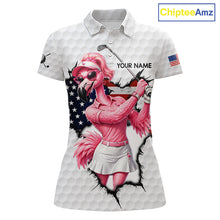 Load image into Gallery viewer, Personalized Funny Flamingo Ladies Golf White Womens Patriot Golf Polo Shirts Custom US Flag Golf Gifts NYN3149