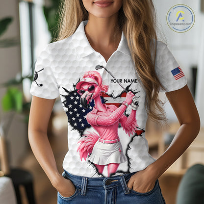 Personalized Funny Flamingo Ladies Golf White Womens Patriot Golf Polo Shirts Custom US Flag Golf Gifts NYN3149