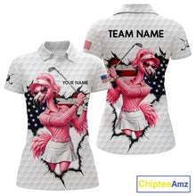 Load image into Gallery viewer, Personalized Funny Flamingo Ladies Golf White Womens Patriot Golf Polo Shirts Custom US Flag Golf Gifts NYN3149