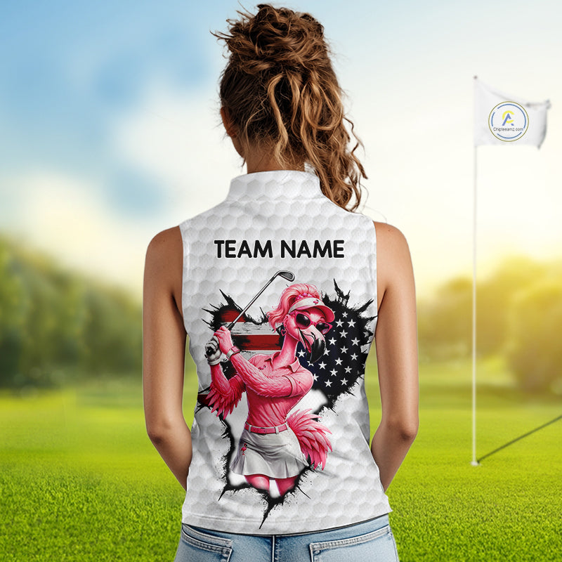 Funny Flamingo Ladies Golf White Womens Patriot Golf Sleeveless Polo Shirts Custom US Flag Golf Gifts NYN3149