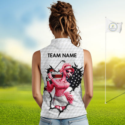 Funny Flamingo Ladies Golf White Womens Patriot Golf Sleeveless Polo Shirts Custom US Flag Golf Gifts NYN3149