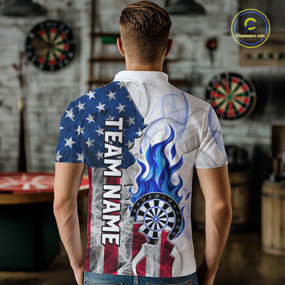 Blue Flaming Dartboard Custom US Flag Smoke Women Dart Polo & 1/4-Zip Shirt Gifts For Dart Players NYN3339