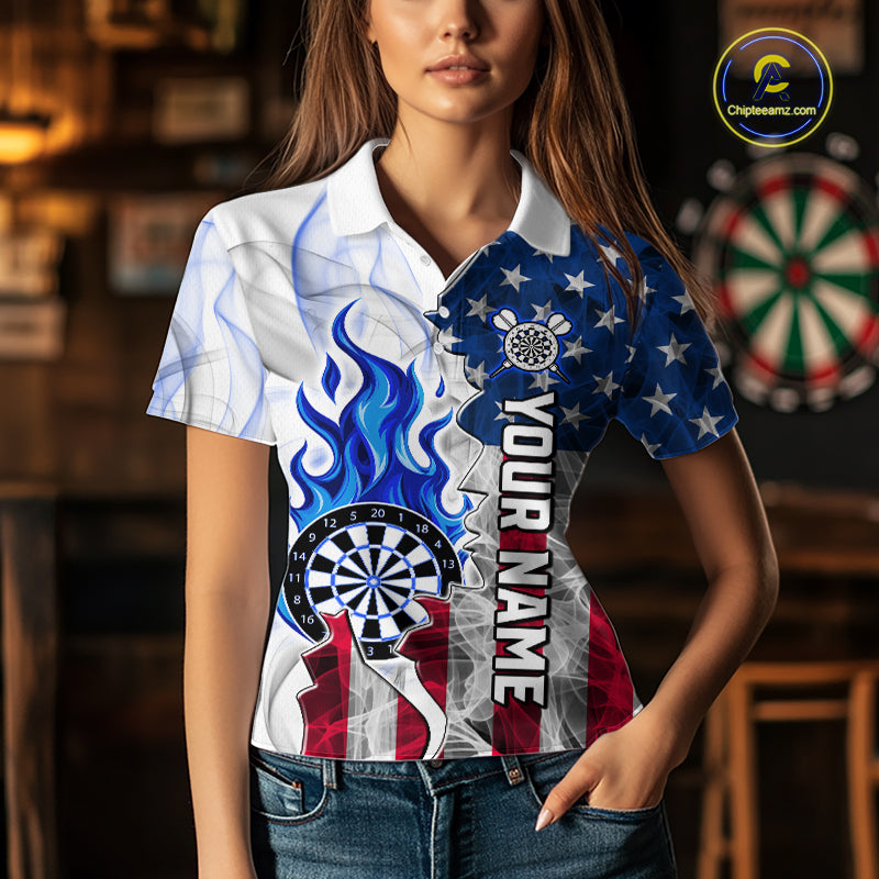 Blue Flaming Dartboard Custom US Flag Smoke Women Dart Polo & 1/4-Zip Shirt Gifts For Dart Players NYN3339
