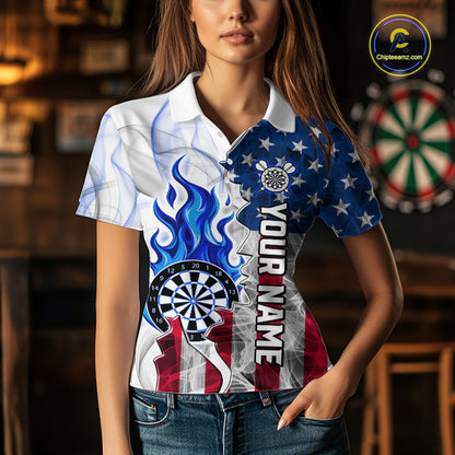 Blue Flaming Dartboard Custom US Flag Smoke Women Dart Polo & 1/4-Zip Shirt Gifts For Dart Players NYN3339