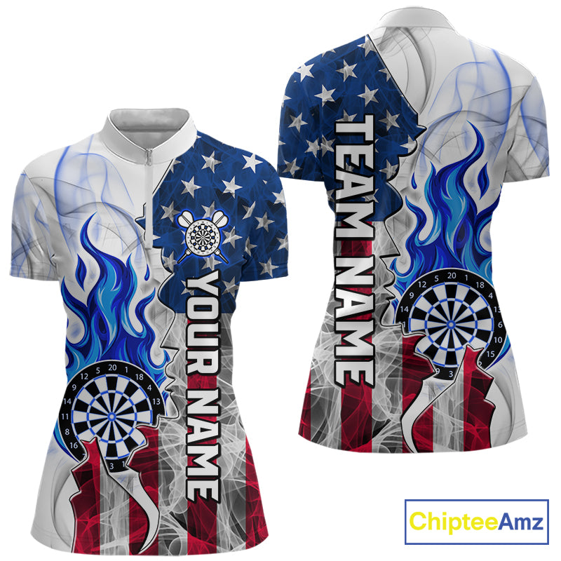 Blue flaming dartboard smoke dart 1/4-zip shirt for women custom dart clothing