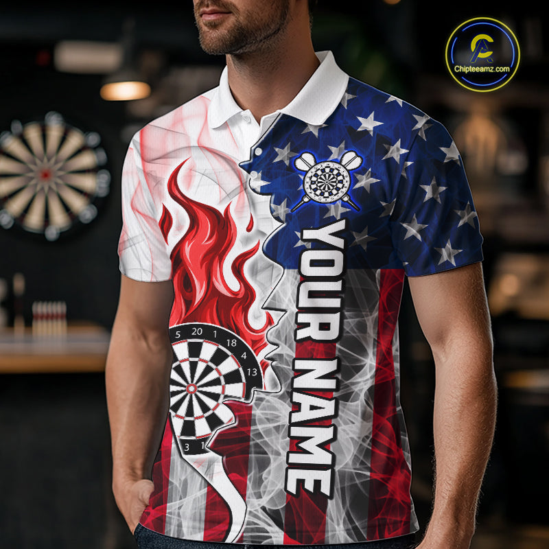 Red Flaming Dartboard Custom US Flag Smoke Men Dart Polo & 1/4-Zip Shirt Gifts For Dart Players NYN3340