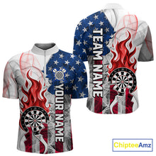Load image into Gallery viewer, Red flaming dartboard smoke dart 1/4-zip shirt for men custom dart apparel