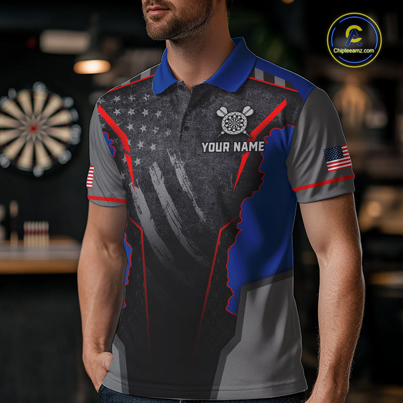 Custom Grunge American Flag Darts Polo & 1/4-Zip For Men, Patriotic Dart Jerseys For Team NYN3342