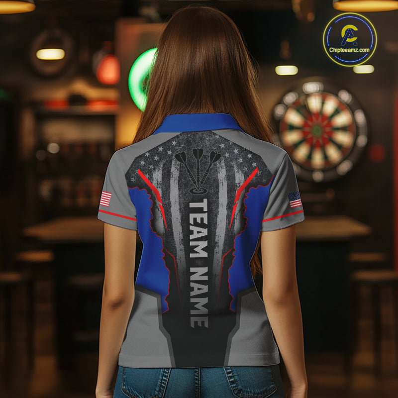 Custom Grunge American Flag Darts Polo & 1/4-Zip For Women, Patriotic Dart Jerseys For Team NYN3342