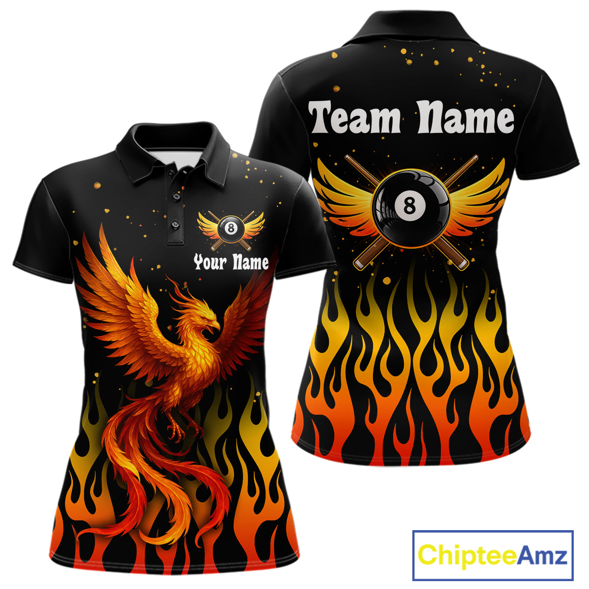 Flaming Phoenix Billiard League Shirts For Women Custom Wings 8 Ball Billiard Pool Jerseys NYN2309