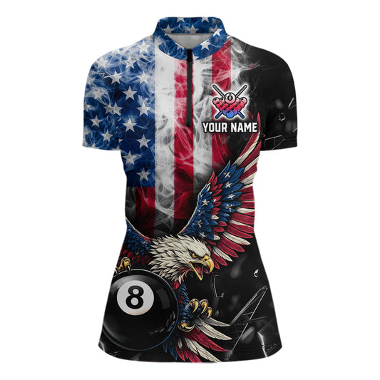 US Flag Smoke Eagle 8 Ball Pool Billiard Shirt For Women Custom Broken Glass Billiard Team Attire NYN2743