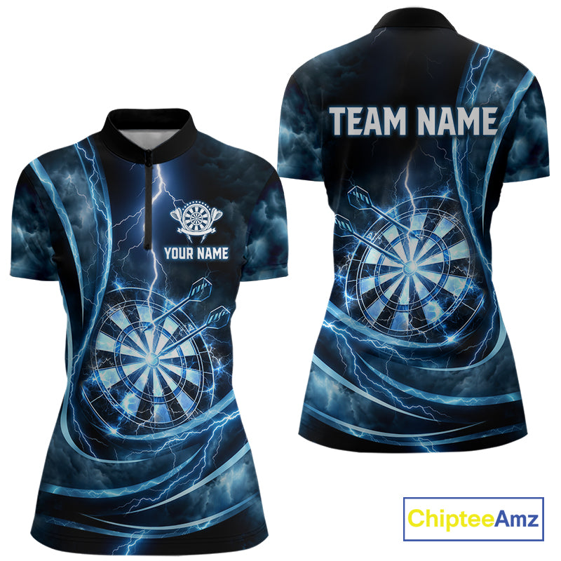 Personalized Thunder Darts Polo & 1/4-Zip Shirt For Women Lightning Dark Blue Dart Attire Jerseys NYN2955