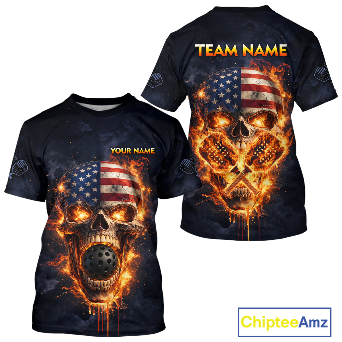 Custom US Flag Skull Fire Flame Pickleball Ball & Paddle T-Shirt Pickleball Jersey For Men NYN2579