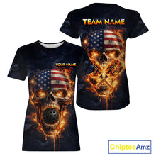 Load image into Gallery viewer, Custom US Flag Skull Fire Flame Pickleball Ball &amp; Paddle T-Shirt Pickleball Jersey For Women NYN2579