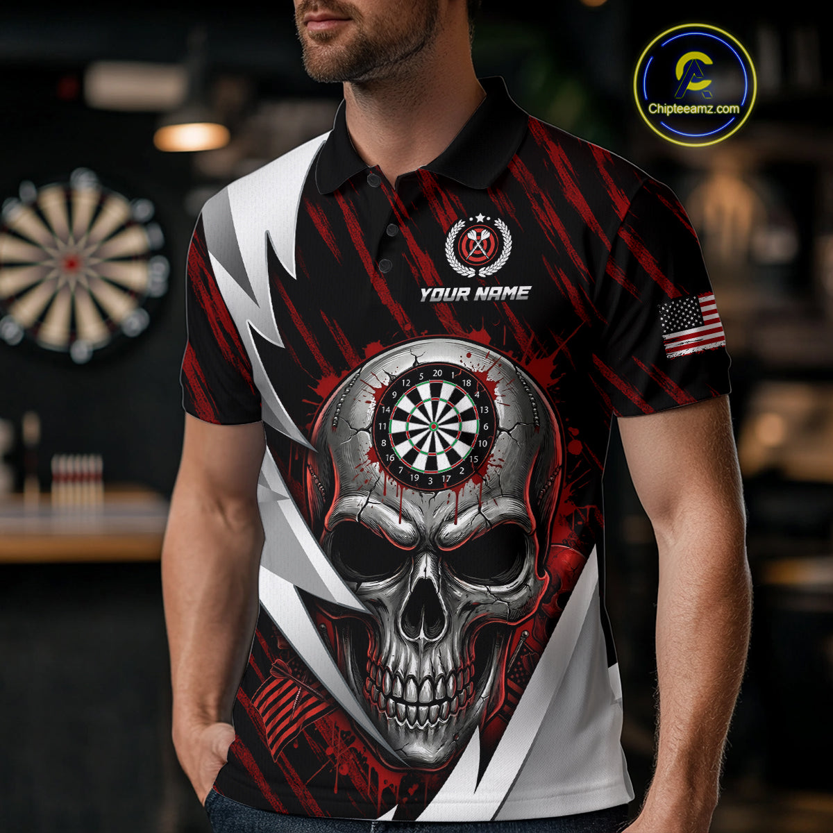 Silver Skull Red Grunge US Flag Men Darts Polo Shirt Custom Name Dart League Jerseys NYN2061