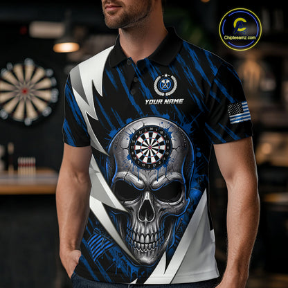 Silver Skull Blue Grunge US Flag Men Darts Polo Shirt Custom Name Dart League Jerseys NYN2063