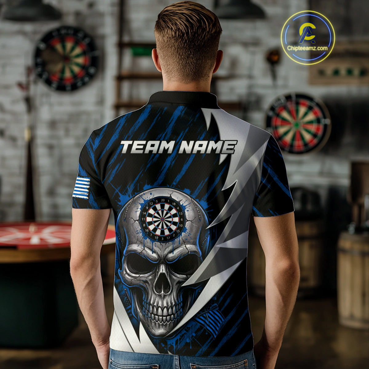Silver Skull Blue Grunge US Flag Men Darts Polo Shirt Custom Name Dart League Jerseys NYN2063