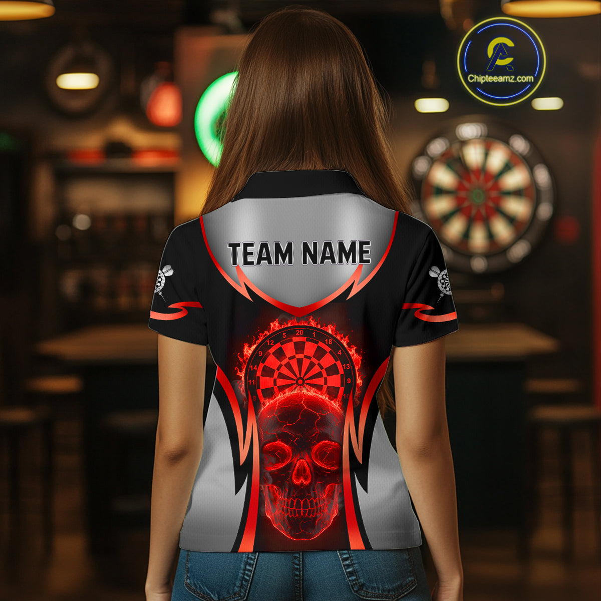 Silver Red Flaming Skull Dartboard Women Darts Polo Shirt Custom Team Dart League Jerseys NYN2071