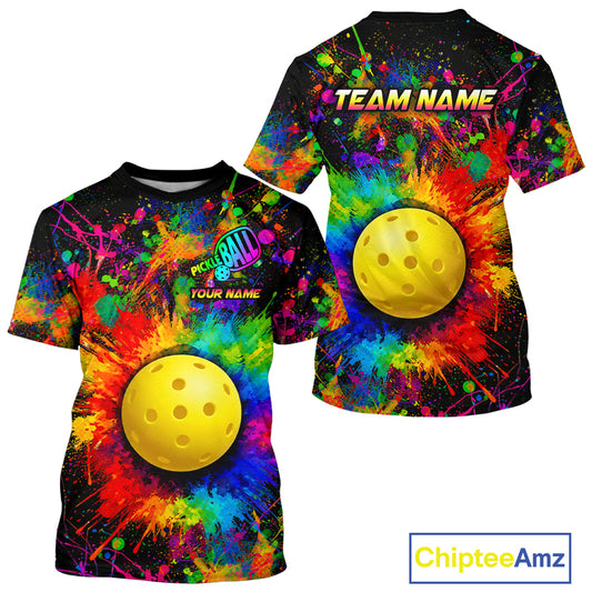 Colorful paint pickleball ball tshirt for men splatter pickleball clothing black