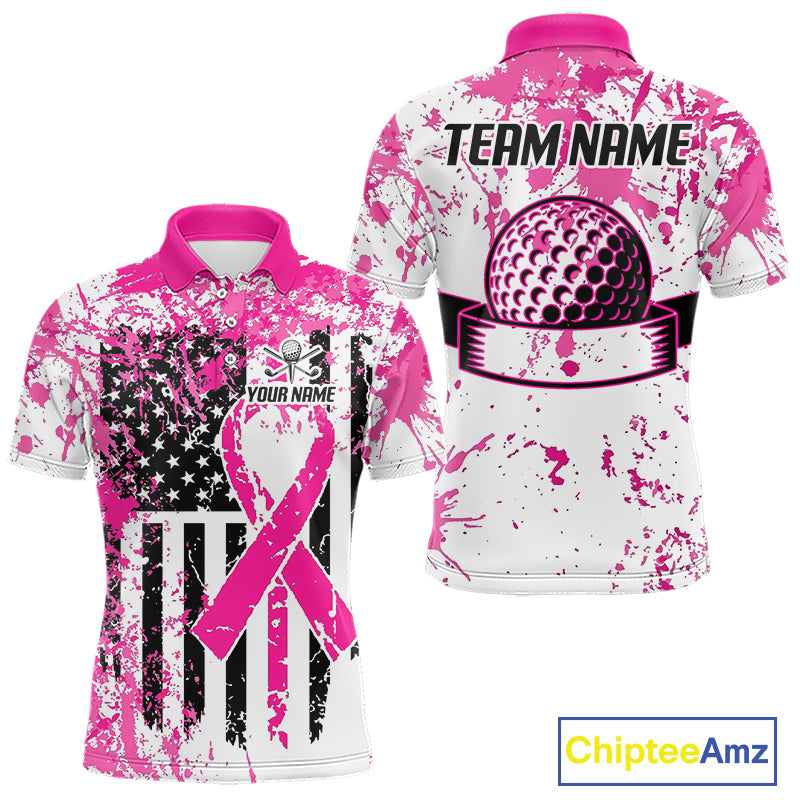 Pink American flag splatter mens golf polo breast cancer golf shirt
