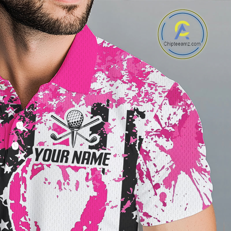 American Flag Splatter Pink Men Golf Polo Shirt Custom Breast Cancer Golf Team Outfits NYN3386