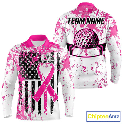 Pink American flag splatter mens golf polo breast cancer golf shirt