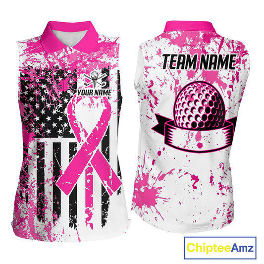 Pink American flag splatter womens golf sleeveless polo breast cancer golf shirt