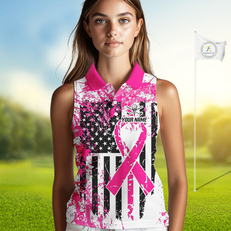 American Flag Splatter Pink Women Golf Sleeveless Polo Shirt Custom Breast Cancer Golf Team Outfits NYN3386