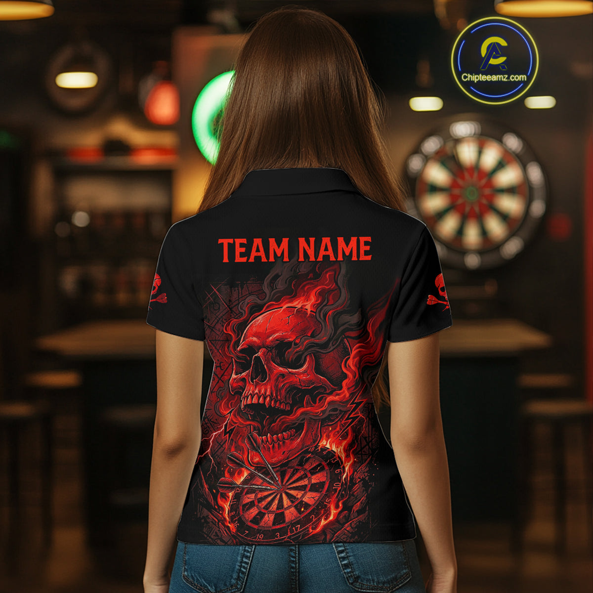 Fire Flame Skull Red Grunge Dartboard Custom Dart Polo Shirt For Women Dart League Jerseys NYN2092