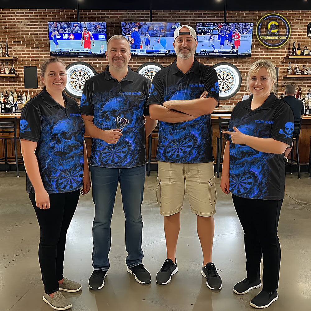 Fire Flame Skull Blue Grunge Dartboard Custom Dart Polo Shirt For Women Dart League Jerseys NYN2094