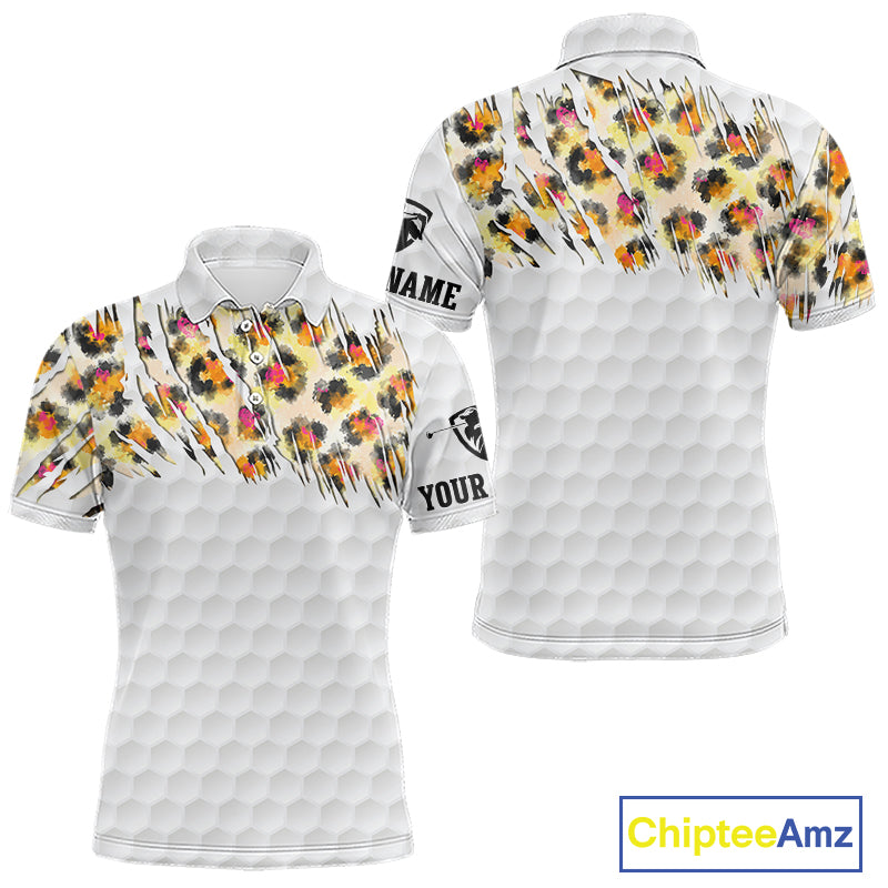 Yellow leopard pattern mens golf polo shirt custom golf team outfit