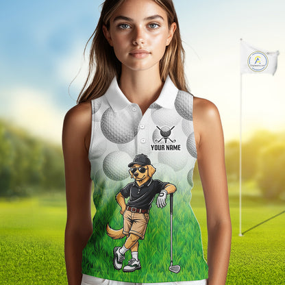 Funny Womens Golf Sleeveless Polo Shirt Custom Golden Retriever Golfer Grass Pattern Golf Team Outfits NYN3396