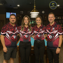 Load image into Gallery viewer, Black &amp; Red Geometric 8 Ball Pool Polo &amp; 1/4-Zip Shirt For Women Custom Pool Billiard Team Jerseys NYN2980