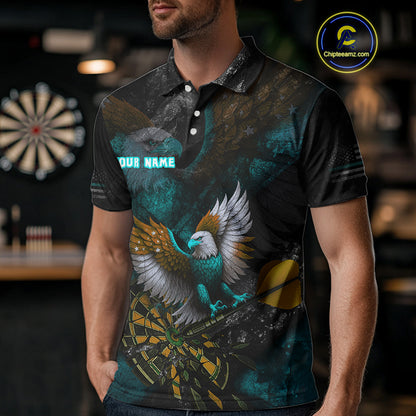 US Flag Eagle Cracked Dartboard Turquoise Men's Darts Shirt Custom Name For Players | Opt2 NYN0691