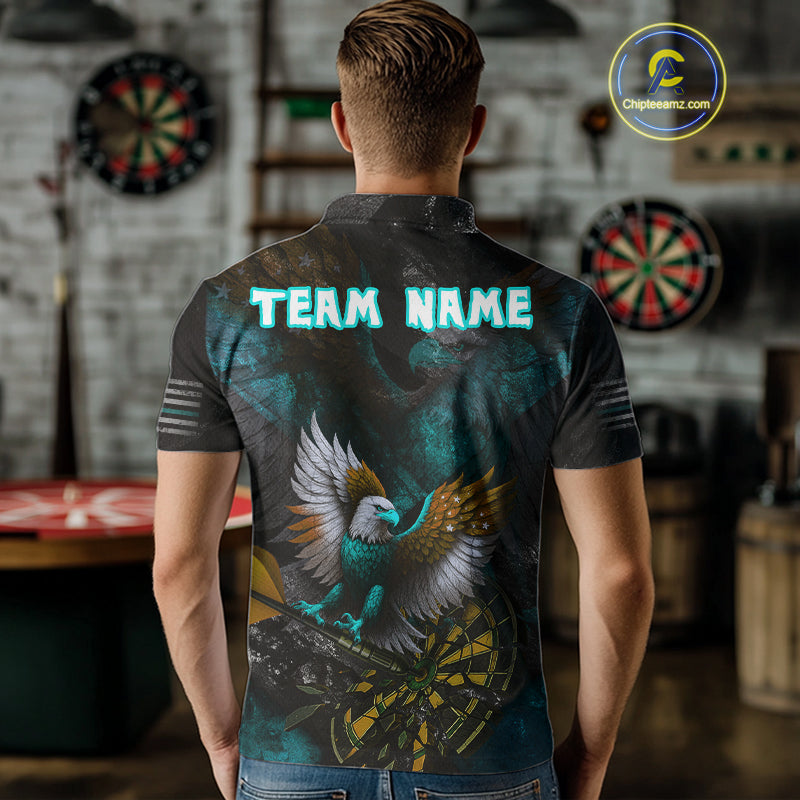 US Flag Eagle Cracked Dartboard Turquoise Men's Darts Shirt Custom Name For Players | Opt2 NYN0691