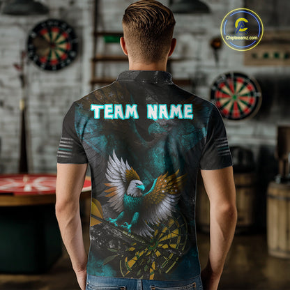 US Flag Eagle Cracked Dartboard Turquoise Men's Darts Shirt Custom Name For Players | Opt2 NYN0691