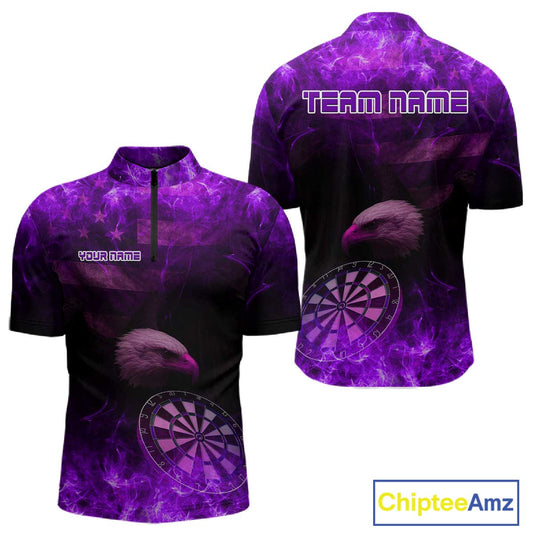 Custom Black And Purple Flames Eagle Dartboard Darts 1/4-Zip Shirt For Men Outfit Darts Jerseys NYN0945
