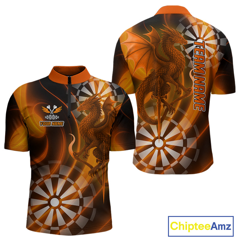 Custom Men's Darts Quarter-Zip Shirt Dragon And Dartboard - Personalized Name & Team NYN0721